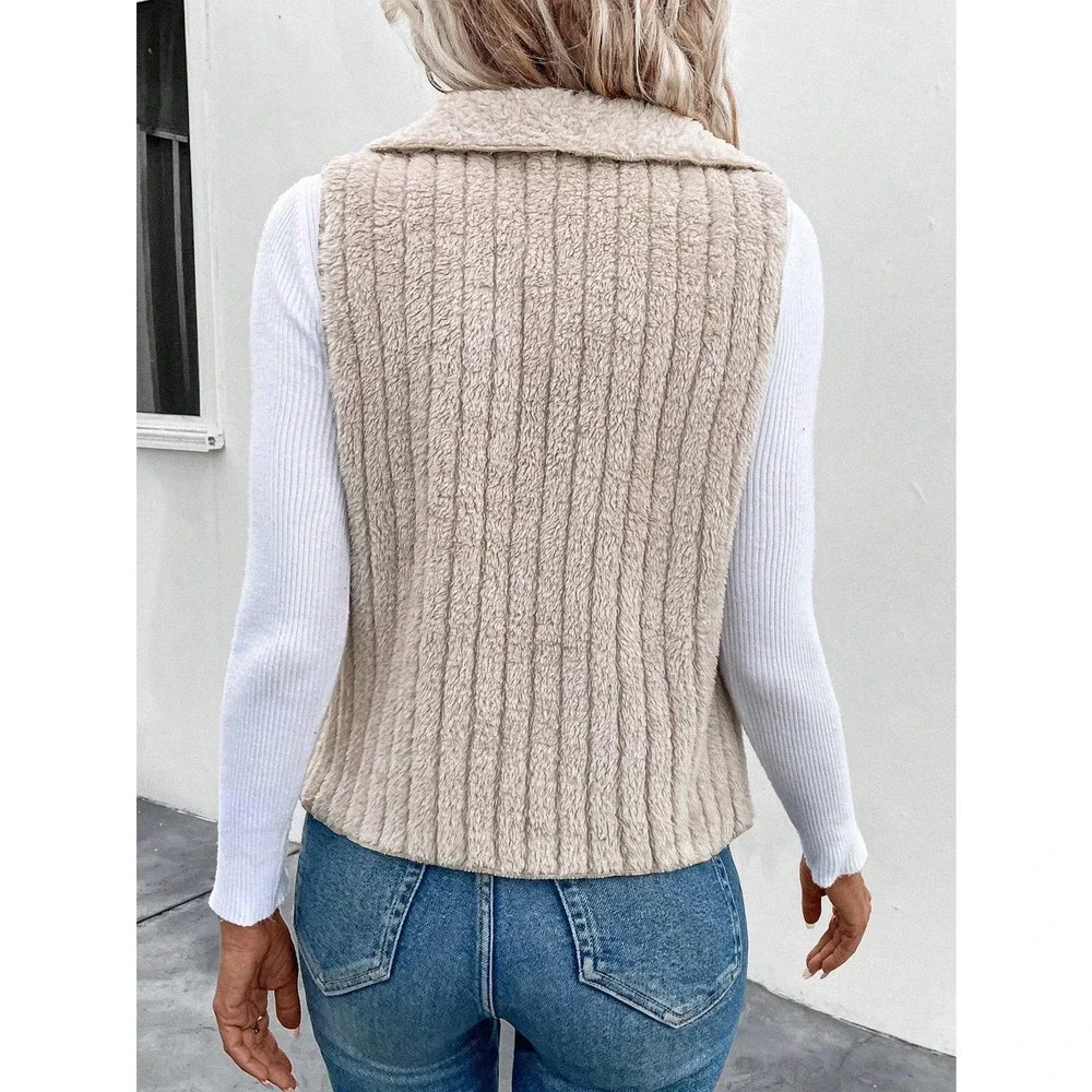 ribbed knit Waterfall Collar Open Front teddy Vest - Picture 2 of 5